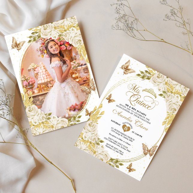 White Floral Gold Butterfly Photo Quinceañera Invitation (Creator Uploaded)