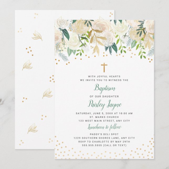 White Floral Gold Confetti Baptism invitation (Front/Back)