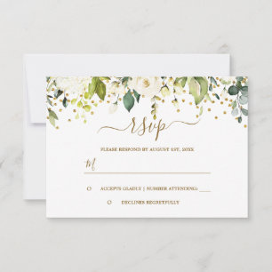 White Floral Gold Confetti Bridal Shower RSVP Card