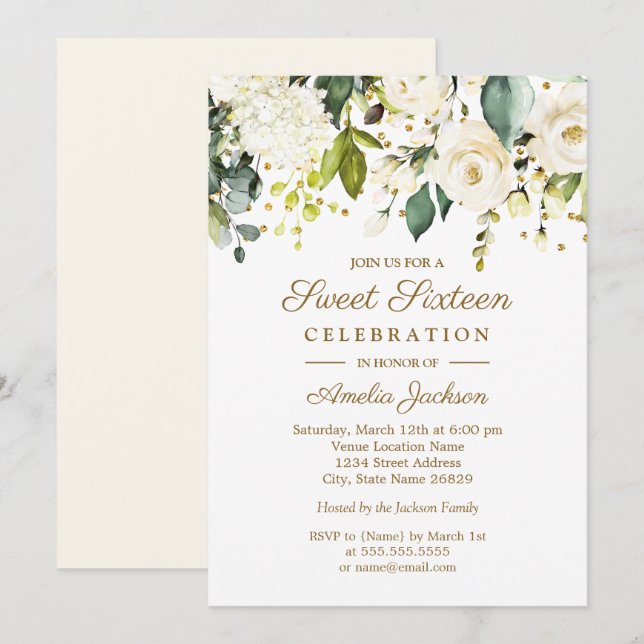 White Floral Gold Confetti Sweet Sixteen Invitation (Front/Back)