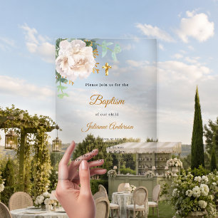 White floral gold cross baptism clear luxury acrylic invitations