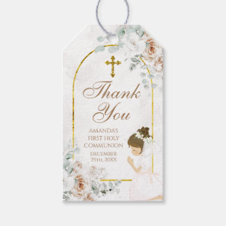 White Floral Gold Cross Girl First Holy Communion Gift Tags