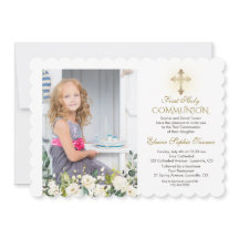 White Floral Gold Cross Photo Holy Communion