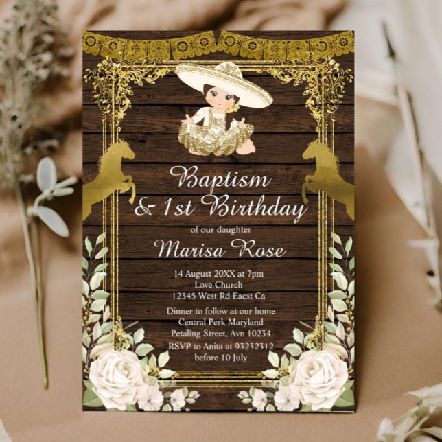 White Floral Gold Fiesta Girl Baptism Christening Invitation (Creator Uploaded)