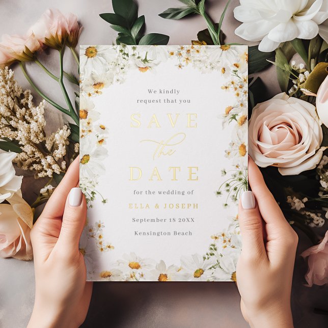 White Floral & Gold Foil Wedding Save The Date (Creator Uploaded)