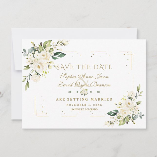 White Floral Gold Glitter Frame Confetti Wedding Save The Date (Front)
