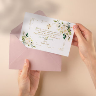 White Floral Gold Glitter Frame Cross Girl Baptism Thank You Card