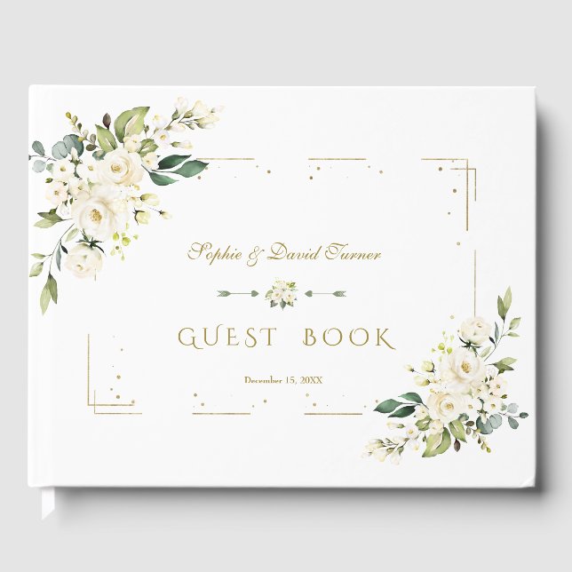 White Floral Gold Glitter Frame Navy Wedding Guest Book (Front)