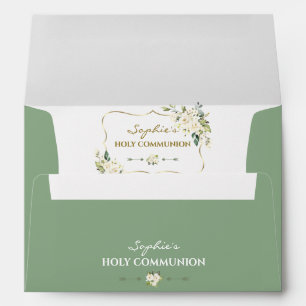 White Floral Gold Holy Communion Return Address Envelope