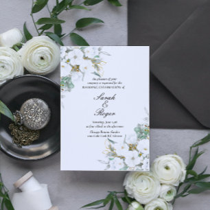 White Floral Gold Leaves Wedding Invitation