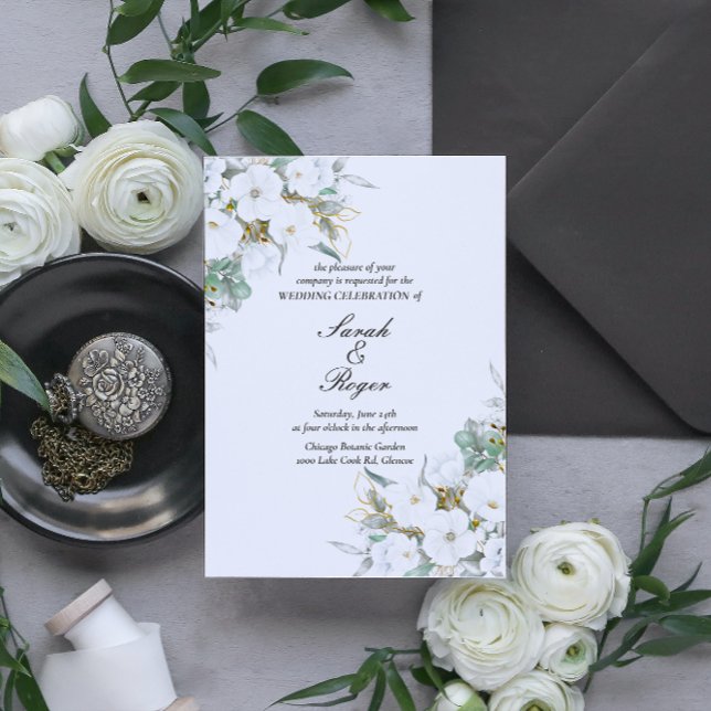 White Floral Gold Leaves Wedding Invitation (Creator Uploaded)
