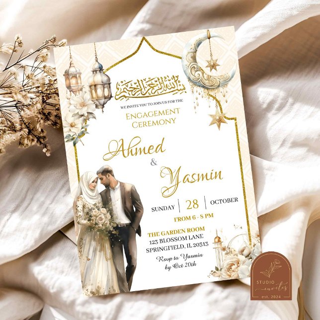 White Floral Gold Muslim Engagement Ceremony Invitation (Creator Uploaded)