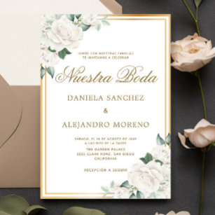 White Floral Gold Nuestra Boda Spanish Wedding Invitation