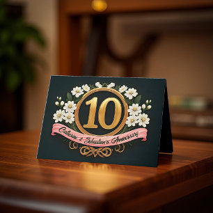 White Floral Gold Number 10th Wedding Anniversary  Card