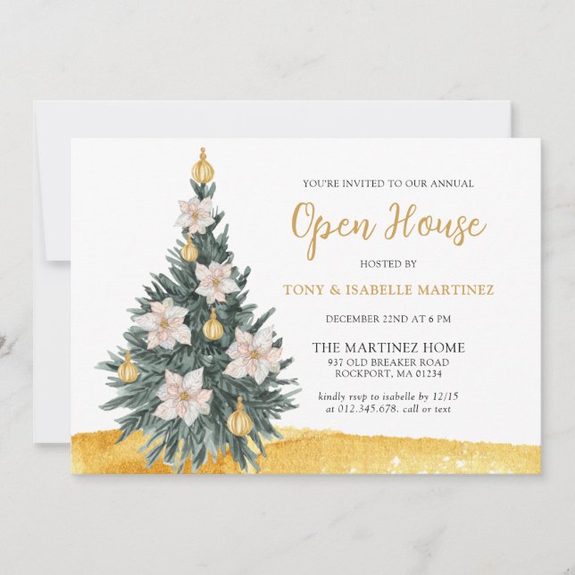 White Floral Gold Ornament Christmas Tree Party Invitation (Front)