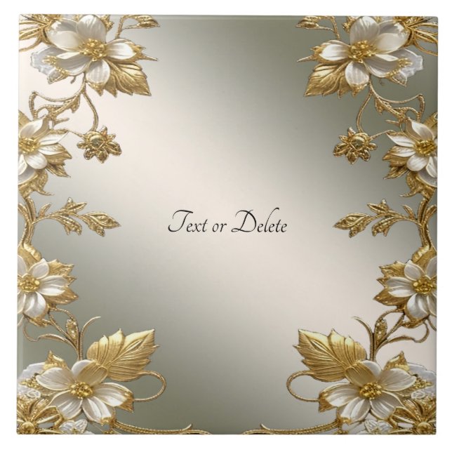 White Floral Gold Ornate Ceramic Tile (Front)