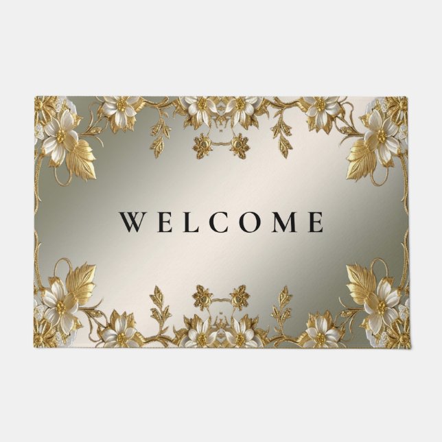 White Floral Gold Ornate Doormat (Front)