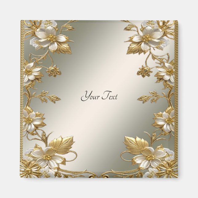 White Floral Gold Ornate Magnet (Front)