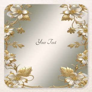 White Floral Gold Ornate Paper Coaster