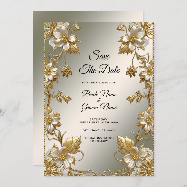 White Floral Gold Ornate Save The Date (Front/Back)