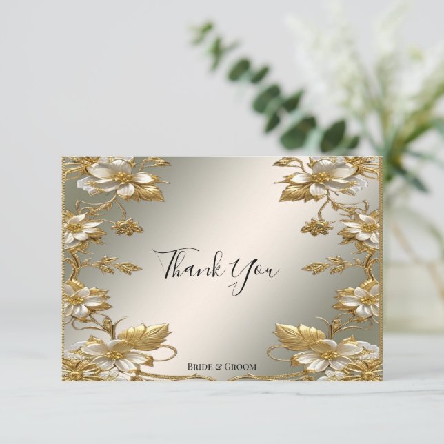 White Floral Gold Ornate Thank You Card (Standing Front)