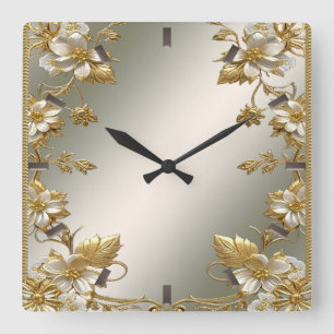 White Floral Gold Ornate Wall Clock