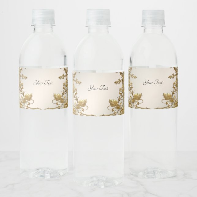 White Floral Gold Ornate Water Bottle Label (Bottles)