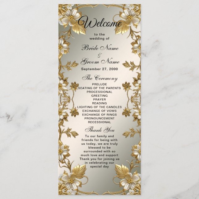 White Floral Gold Ornate Wedding Program Programme (Front)