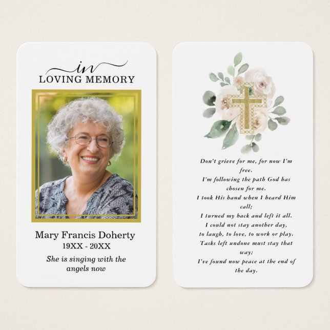 White Floral Gold Photo Funeral Prayer Card (Front & Back)