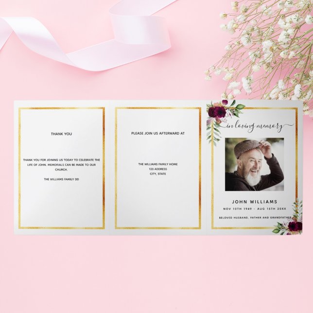 White floral gold photo tri-fold funeral program (Creator Uploaded)