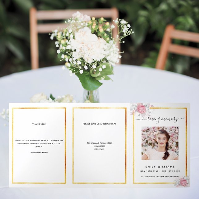 White floral gold photo tri-fold funeral program (Creator Uploaded)