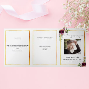 White floral gold photo tri-fold funeral program announcement