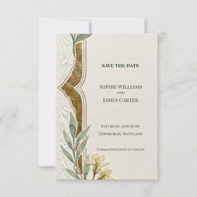 White Floral Gold Save The Date Card (Front)