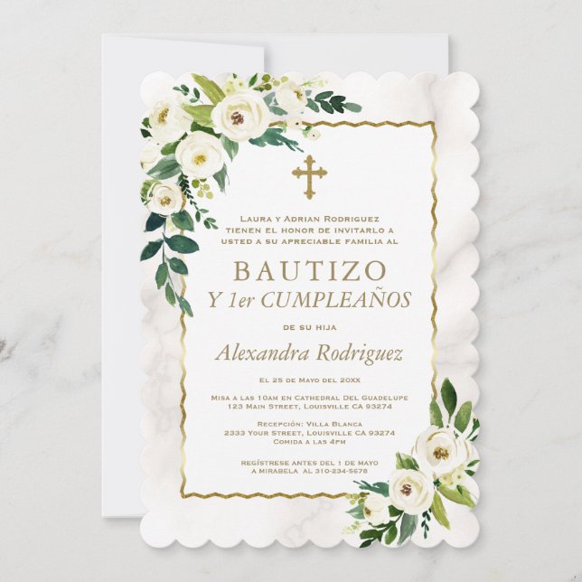 White Floral Gold Spanish 1st Birthday Baptism Invitation (Front)
