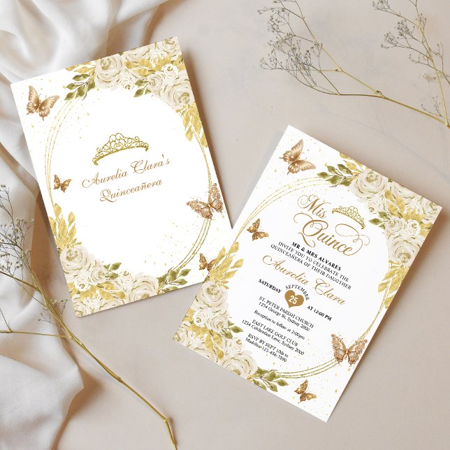 White Floral Gold Tiara Butterfly Mis Quinceañera Invitation (Creator Uploaded)