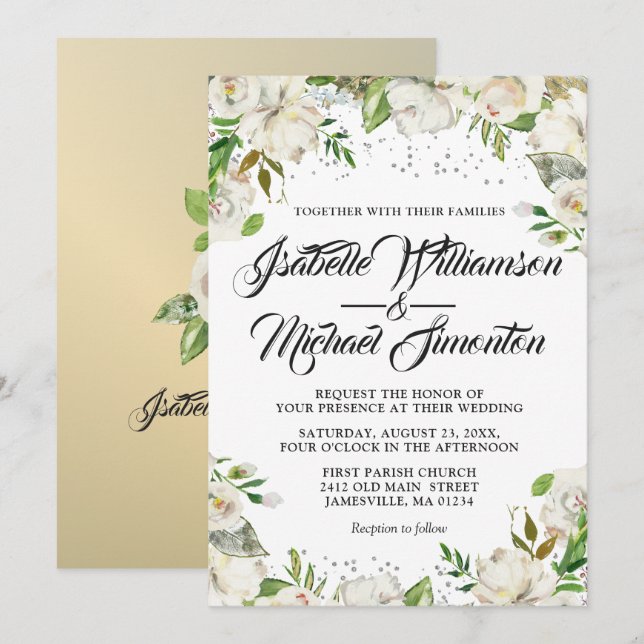 White Floral & Gold Watercolor Wedding Invitations (Front/Back)