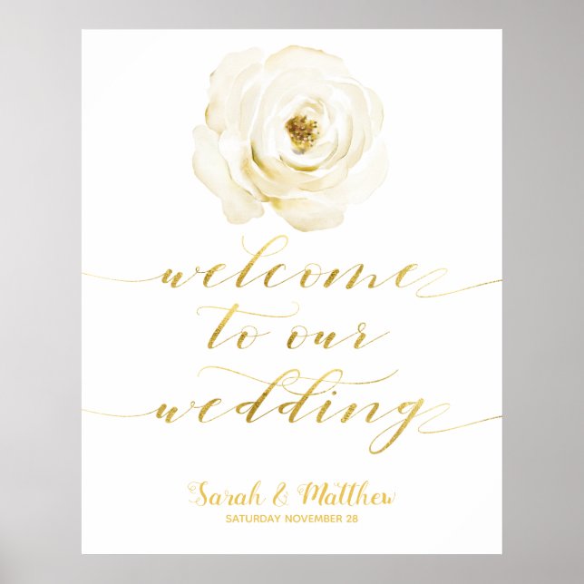 White Floral Gold Welcome To Our Wedding Poster (Front)