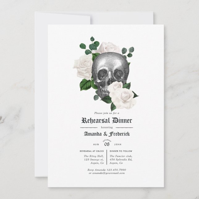 White Floral Gothic Wedding Rehearsal Dinner Invitation (Front)