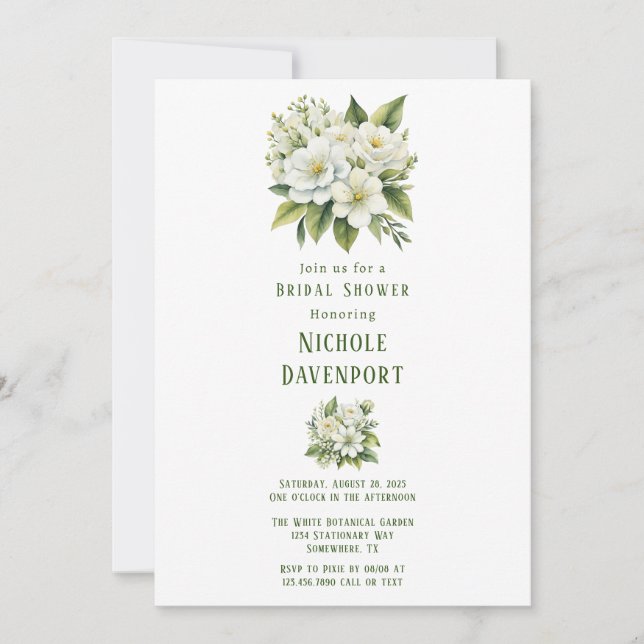 White Floral Green Painted Bridal Shower Invitation (Front)