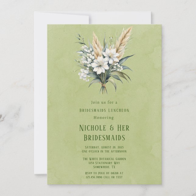 White Floral Green Painted Bridesmaids Luncheon Invitation (Front)