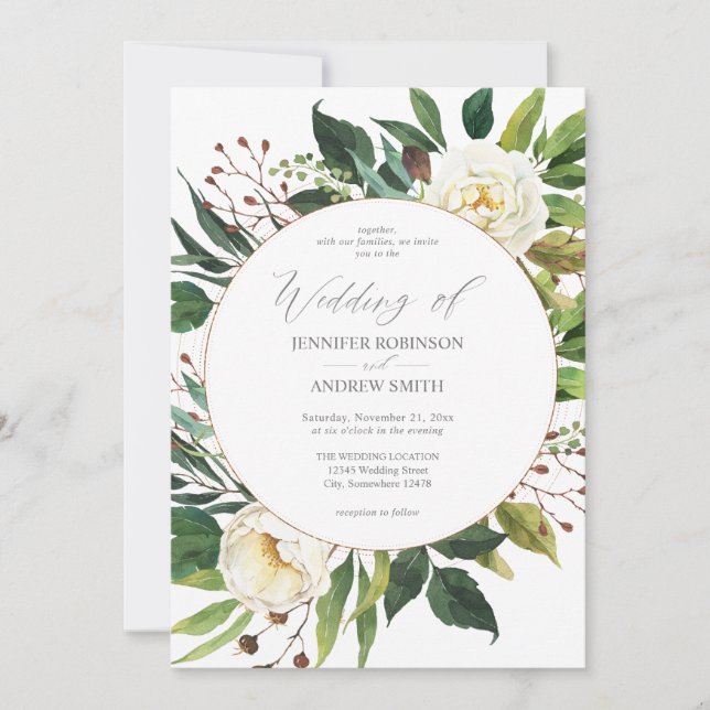 White Floral & Greenery 2 Wedding Invitation (Front)