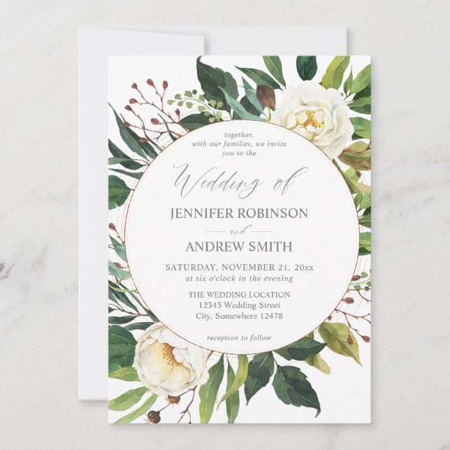 White Floral & Greenery 2 Wedding Invitation (Front)