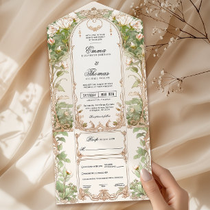 White Floral Greenery All in One Wedding Invite