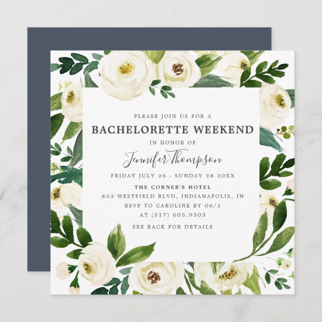 White Floral & Greenery Bachelorette Weekend Invitation (Front/Back)