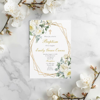 White floral greenery baptism invitation