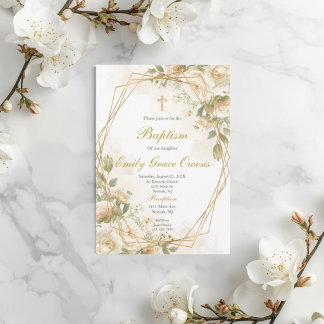 White floral greenery baptism invitation