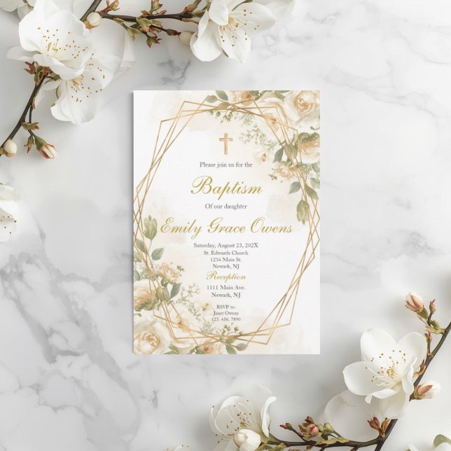 White floral greenery baptism invitation (Creator Uploaded)
