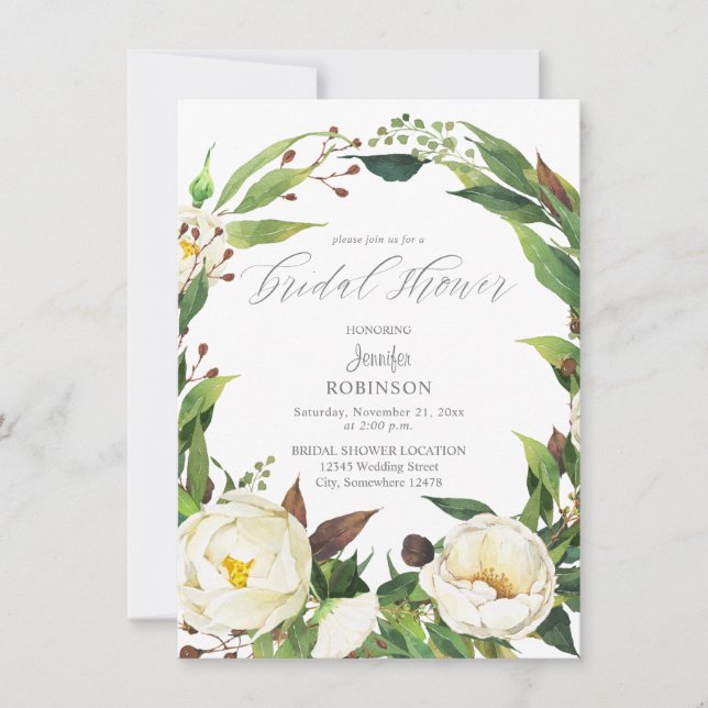 White Floral & Greenery Bridal Shower Invitation (Front)