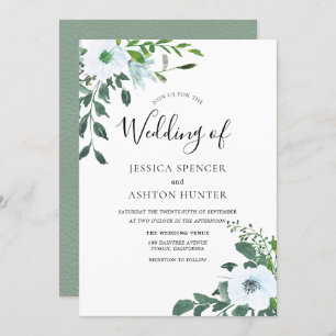 White Floral Greenery Elegant Wedding Invitation
