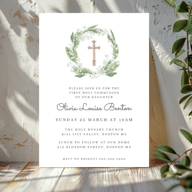 White Floral Greenery First Communion Invitation (Creator Uploaded)